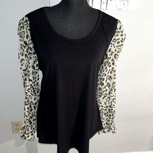 NWT Stem & Vine black blouse top scoop white leopard print sheer long sleeves